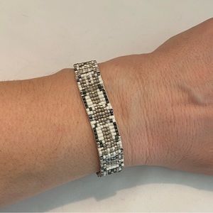 CHAN LUU White Gray Black Bead Leather Tribal Print Bracelet